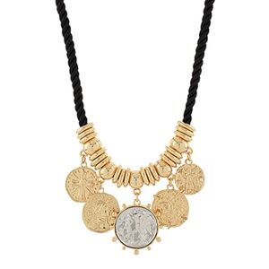 Twotone Coin & Multi Charm Cord Necklace